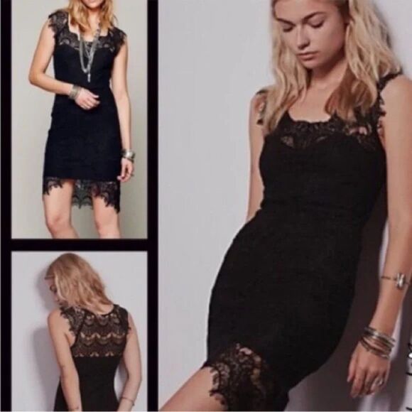 Intimately Free People Black Peekaboo Lace Slip Dress Scallop Hem Size S - Picture 3 of 7